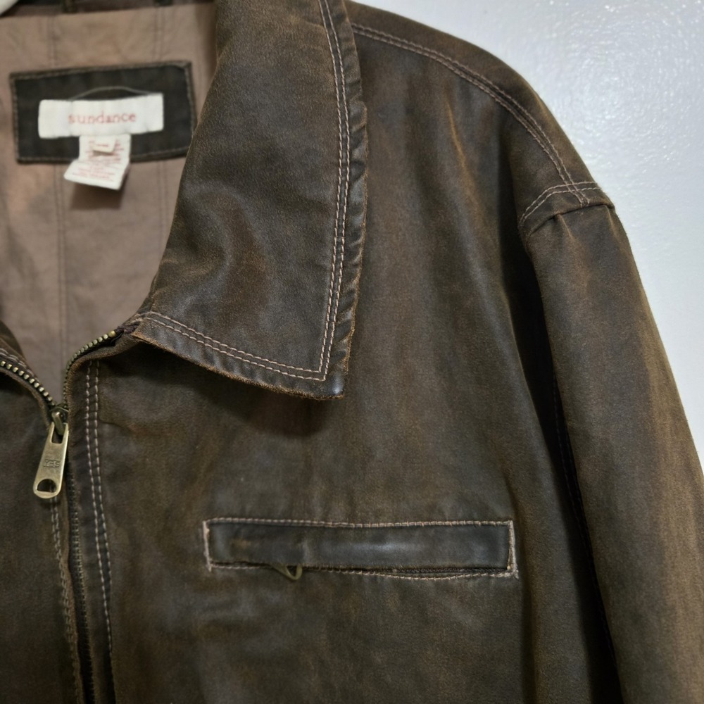 Sundance Men's Size‎ XXL Bomber Biker Jacket Brown Faux Leather Trim Zip Front - Picture 4 of 8